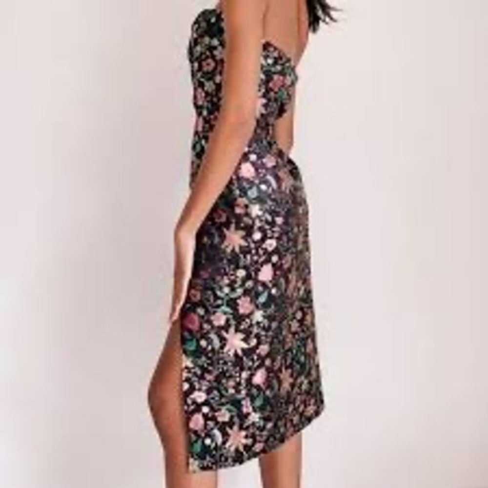 Lulus Make a Move Black Satin Floral‎ Jacquard Strapless Midi Dress S